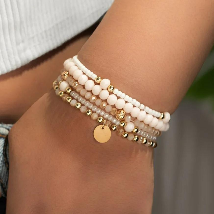9 PCS/Set CCB Baroque Retro Stacked Imitation Pearl Friendship Bracelet, Ins Simple White and Gold Color Bracelet Sets for Women
