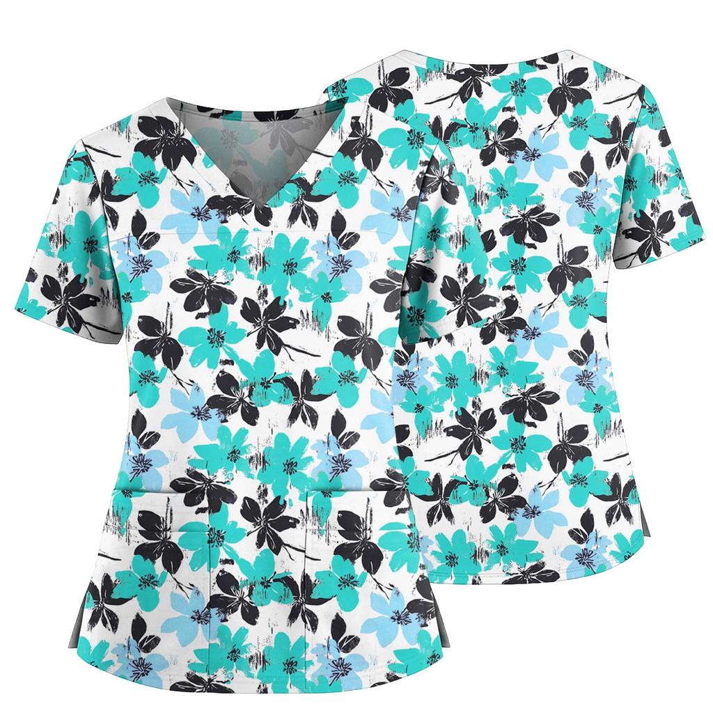 Women's Casual Printed V-Neck Pocket Side Slit Short Sleeved Top Short Sleeved Top