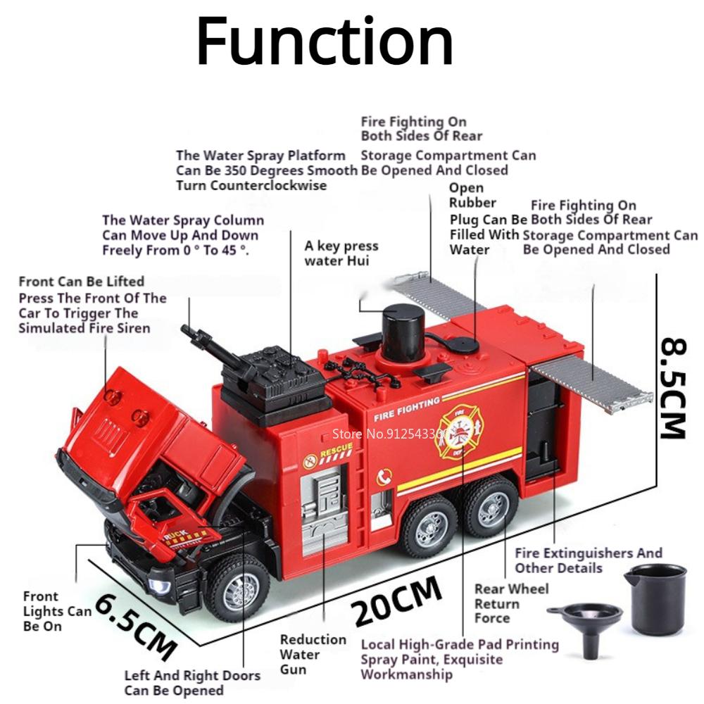 1/32 Fire Truck Car Model Toys Simulation Metal Fire Engine Vehicle Models With Water Spray Sound Light Doors Opened Gifts Boys