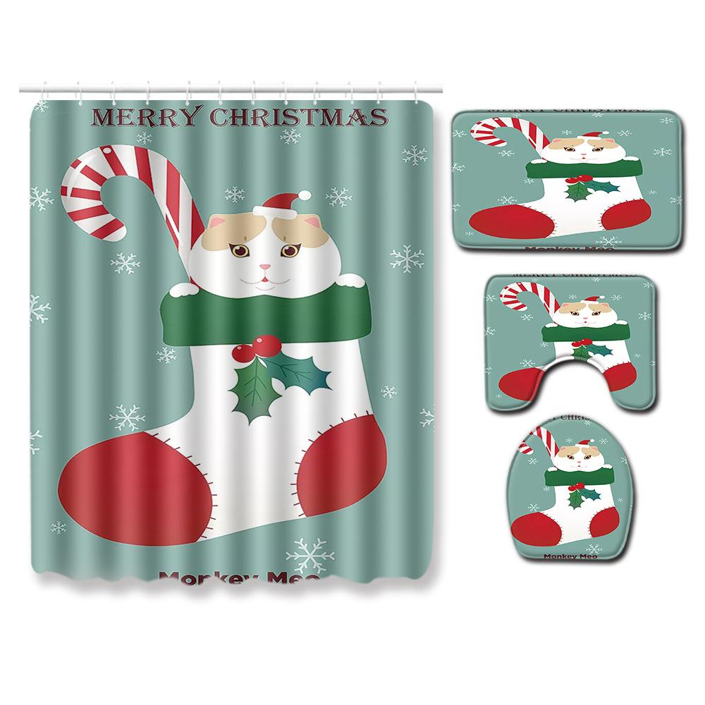 Christmas Shower Curtain Floor Mat Combination Four-Piece Set Bathroom Toilet Carpet Shower Room Mat Foot Mat
