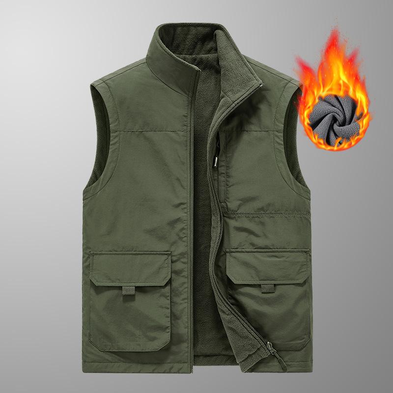 Autumn and Winter Men's Middle-aged Velvet Thickened Vest with A Base To Keep Warm and Casual Vest, Wearing A Multi-pocket Vest on Both Sides