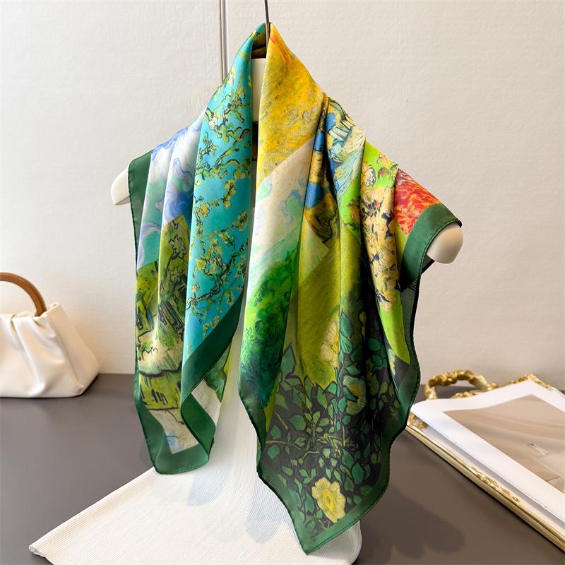 New Oil Painting Print Shawl Square Scarf For Women Wraps Neckerchief Female Hair Bands Ribbon Headband Bandana