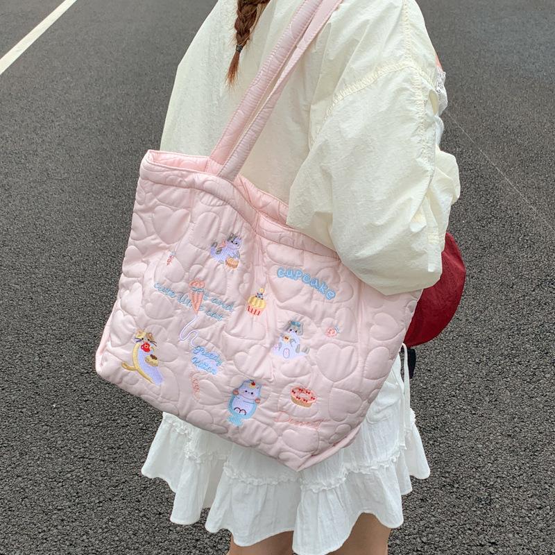 Cute Cotton Embroidery Women's Shoulder Bags Casual Quilted Ladies Large Capacity Tote Shopper Bag Lovely Dog Purse Handbags