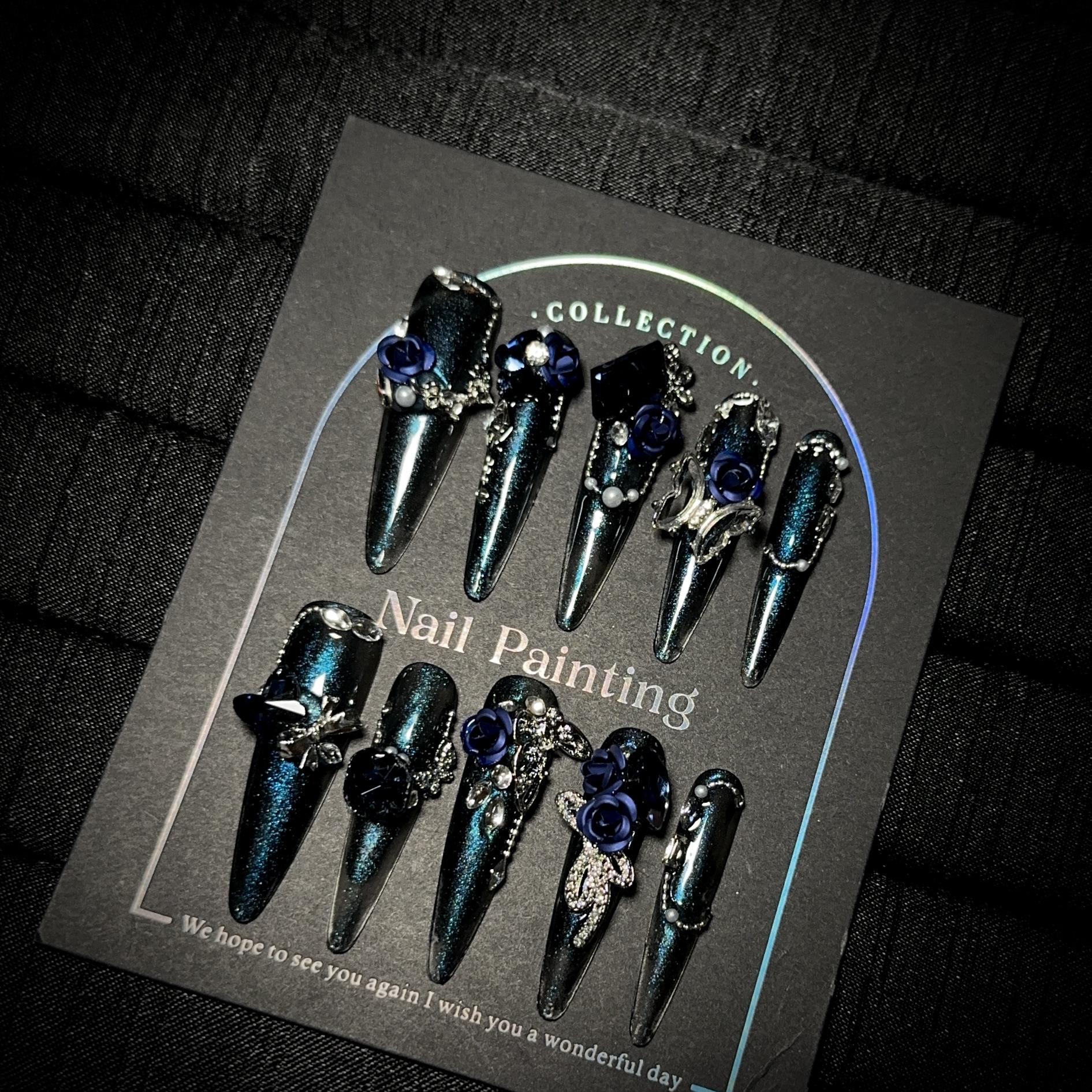 

Роскошные накладные ногти ручной работы, длинные, миндалевидной формы, с французским кончиком, блестящие, искусственные ногти, дизайн с 3D стразами, акриловые ногти, многоразовые наклейки для женщин XS