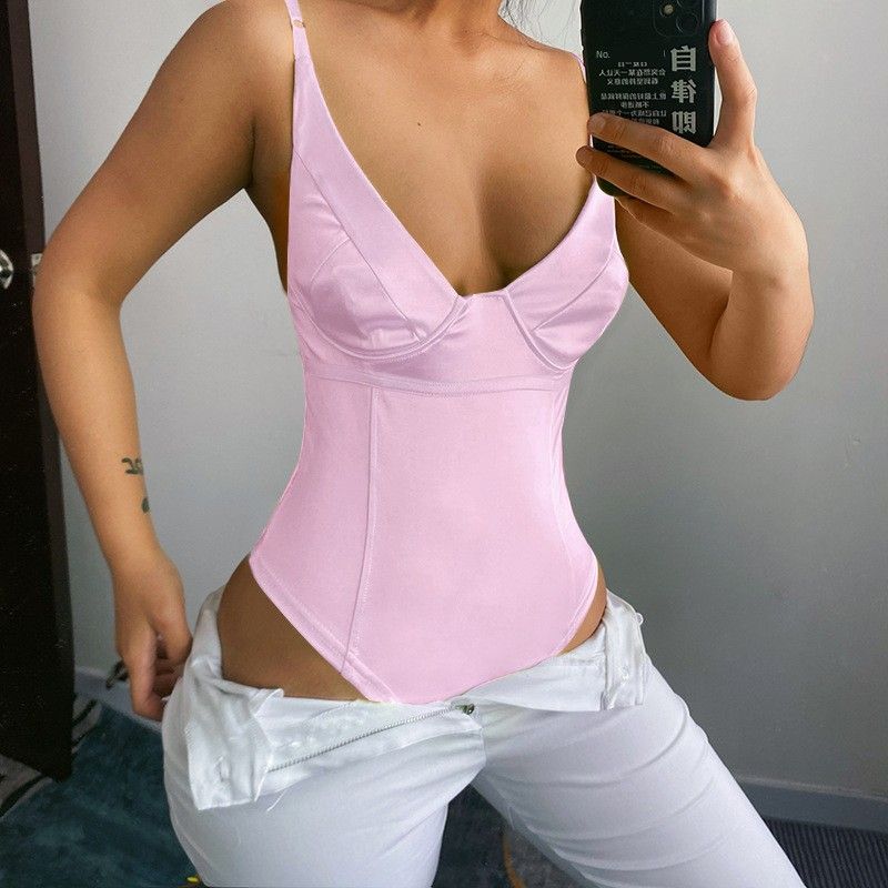 

Tank Top Jumpsuit European and American Women clothes Summer Fashion Cami Solid Sexy Backless Jumpsuit Light pink XS