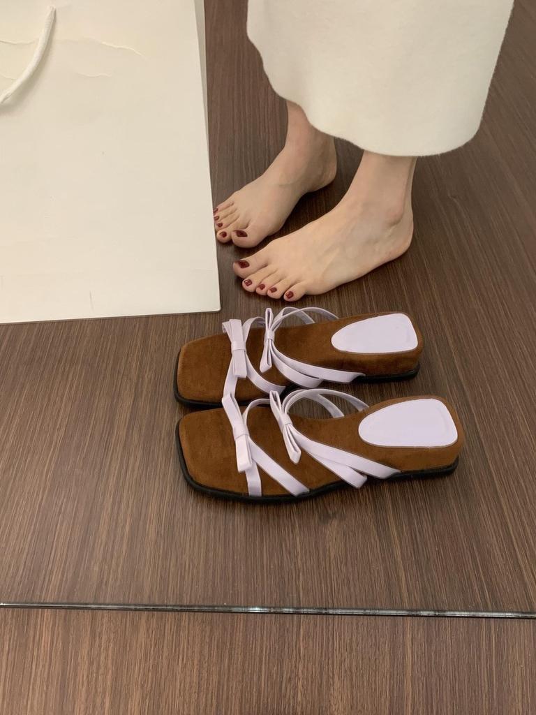 French thick-soled bow with open-toed square head slippers for women's summer wear, not tired of feet, small slope heels, beautiful sandals