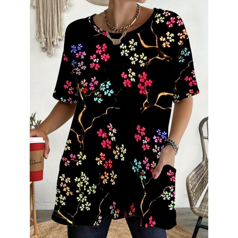 Women's Summer Short Sleeved T-shirt, 3D Printed Pocket T-shirt, Casual Plus Size T-shirt