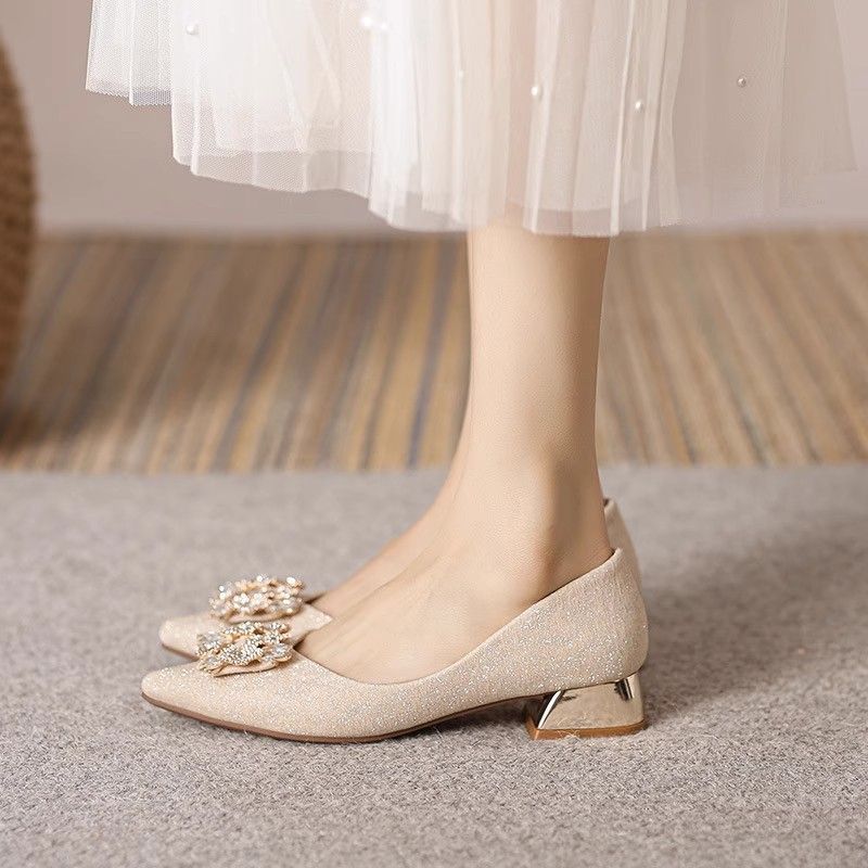 French Pointed Head Shallow Mouth Women's Single Shoes, New Low-heeled Bride Shoes, High-end Feeling, Not Tired Feet, Thick Heel Single Shoes Women