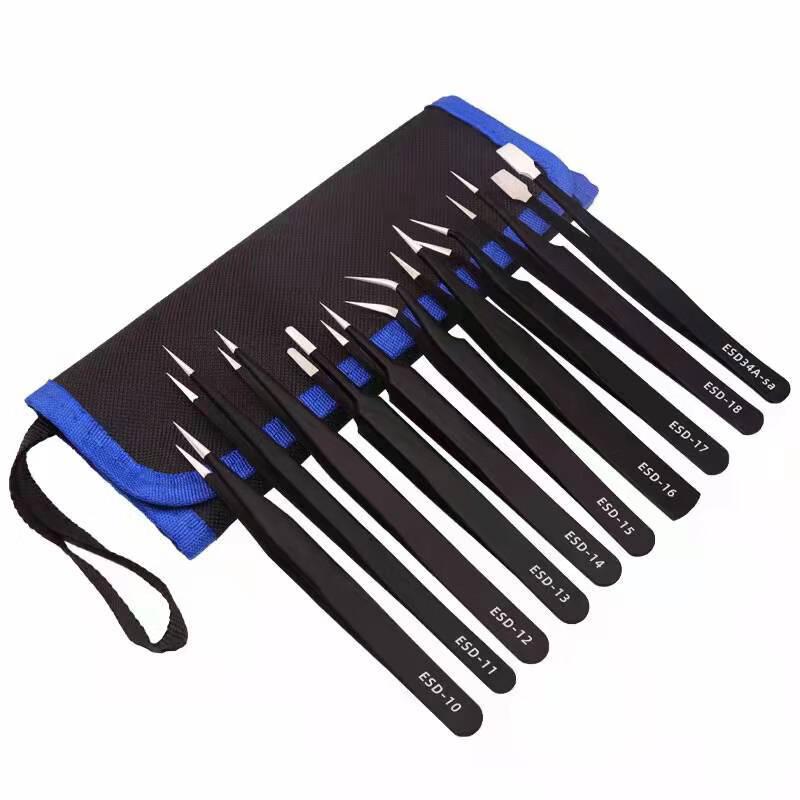10-Piece Precision ESD Stainless Steel Tweezer Set