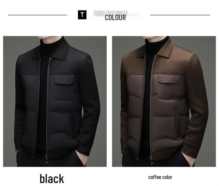 Men's Warm Lapel Duck Down Jacket - Tencel Knit Patchwork for Middle-Aged and Young
