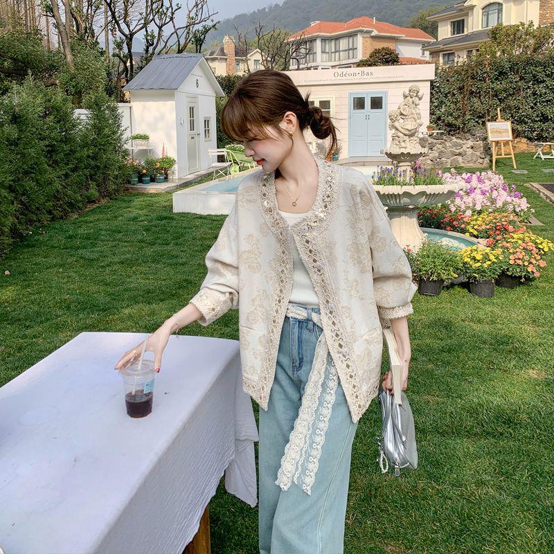 

Новая китайская куртка-жаккард с кружевной отделкой для женщин, весна 2025, новая, с высоким чувством стиля, с небольшим темпераментом, молодежная Image color S