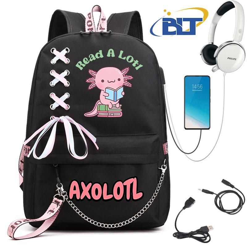 Cute Axolotl Printed Student Schoolbag for Girls Black Backpack Usb Kids Casual Bag Back To School Gift