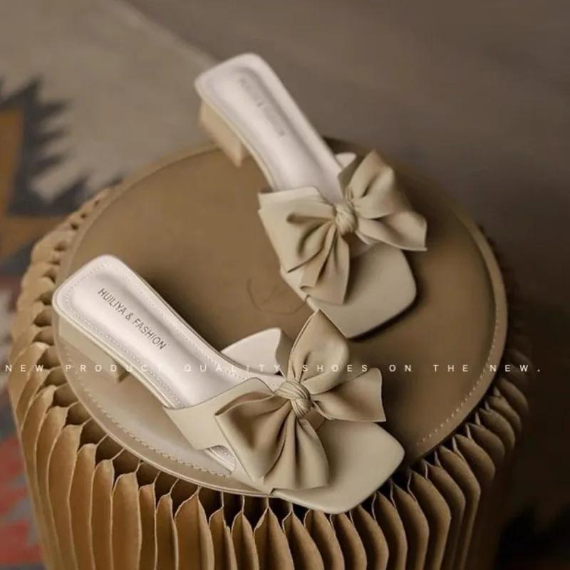 2024 Damesko Sommer Firkantede Hæler Tøfler for Kvinner Grønne Sløyfer Sandal Damesko Pluss Stor Størrelse 42