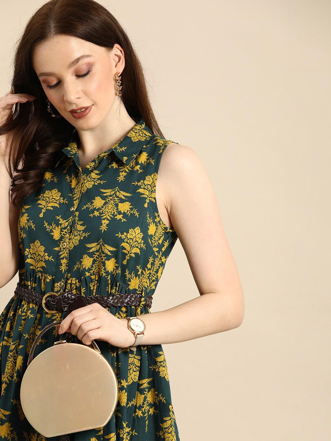 

Платье миди из чистого хлопка с зеленым и желтым цветочным принтом без рукавов со сборками S зелёный