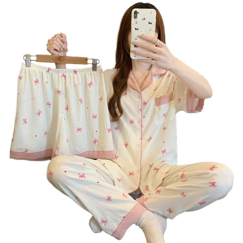 Pink Cute Bow Printing Contrasting Color Cloud Cotton Pajamas Women'S Summer Casual Loungewear Short-Sleeved Three-Piece Set