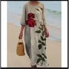Women's Round Neck 3/4 Sleeve Midi Dress Casual Loose Solid Color Beach Vacation Long Dress
