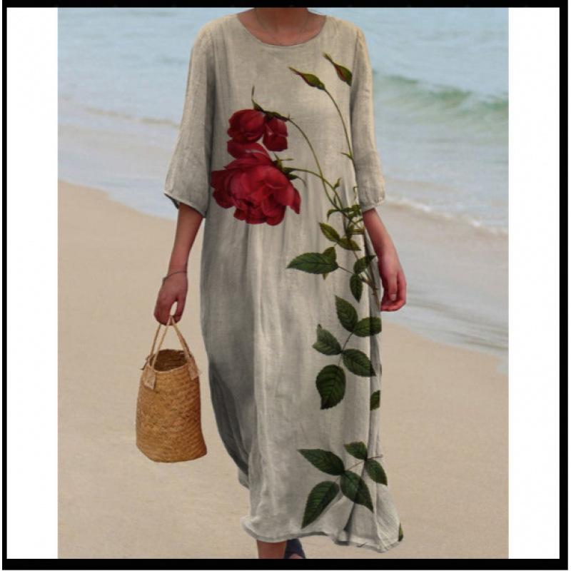 Women's Round Neck 3/4 Sleeve Midi Dress Casual Loose Solid Color Beach Vacation Long Dress
