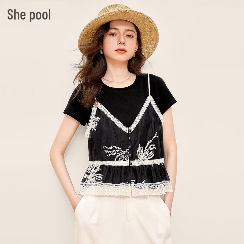 

Women s Lace Faux Two-Piece Short Sleeve T-Shirt L