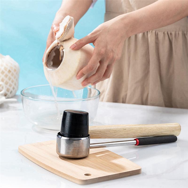 Good-Coconut Opener Tool Coconut Shell Punching Knife Coconut Opener Kit Wooden Handled Rubber Hammer Stainless Steel