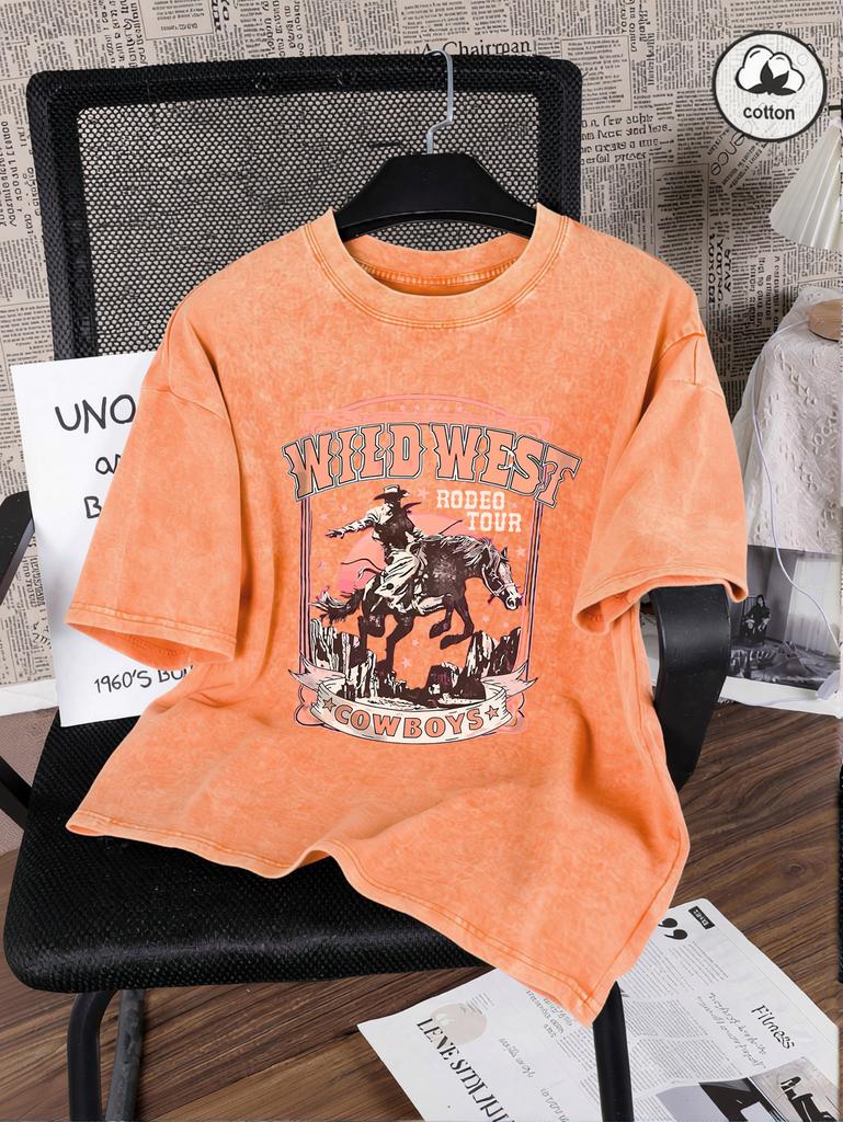 Wild West Cowboys Print Snow Wash Women Tee Shirts Hip Hop Summer T Shirt Casual Washed Clothes Cotton Oversized Short Sleeves