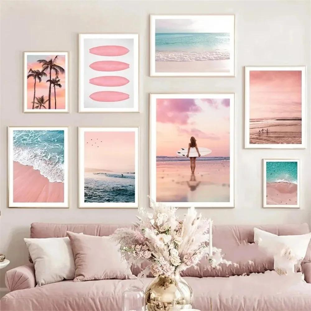 Pink Beach Ocean Artwork Poster Canvas Printing Surf Coconut Tree Nordic Wall Art Living Room Bedroom Home Decor