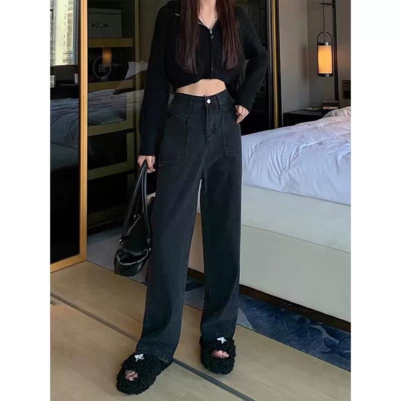 

Plus-Size Women s American Retro New Style Jeans, Slimming and Hip-Covering Straight-Leg Pants, Loose Wide-Leg Long Pants 6XL серый/чёрный