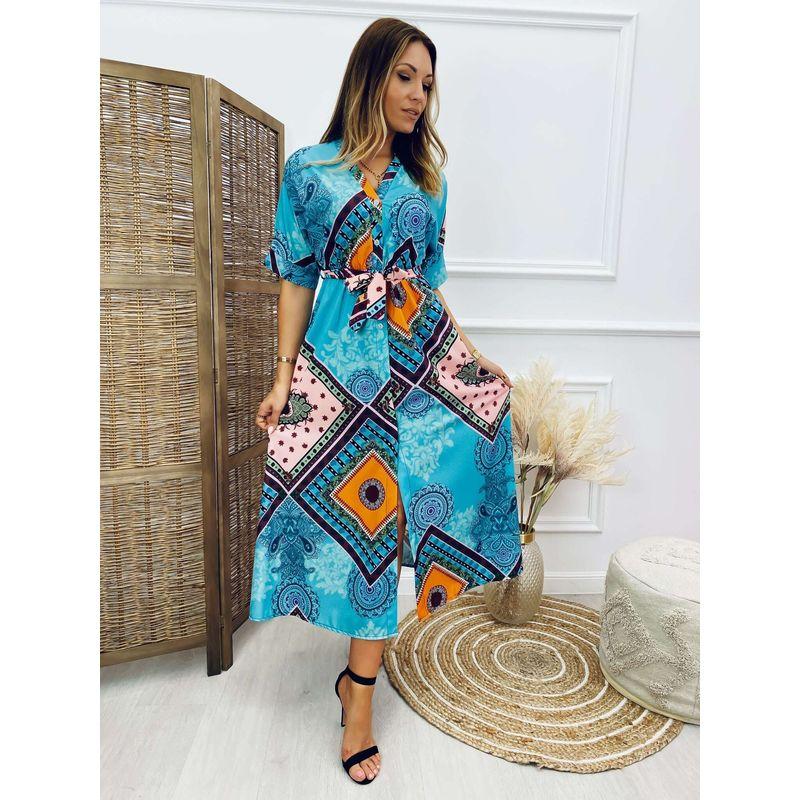 

Street Fashion Vacation Style Waist Print Dress Blue S