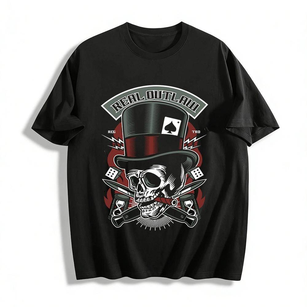 

Real Outlaw Skull Top Hat Double Knives Graphic Punk Streetwear Tee Pure cotton T-shirt XXS