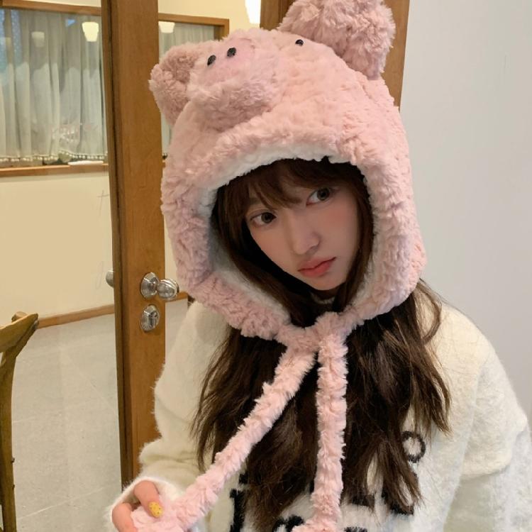 Winter Warm Plush Pig Ear Earflap Hat for Women Girl Furry Beanies Hat Outdoor Activity Cold Weather Skull Hat Headwear