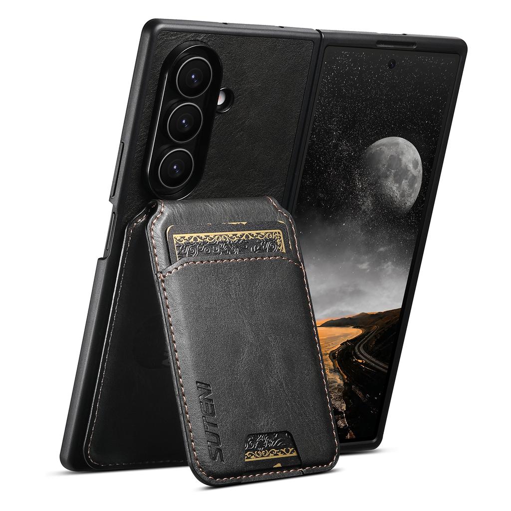 SUTENI H02 For Samsung Galaxy Z Fold7 5G Case Waxy Texture Leather + PC Card Slots Kickstand Phone Cover