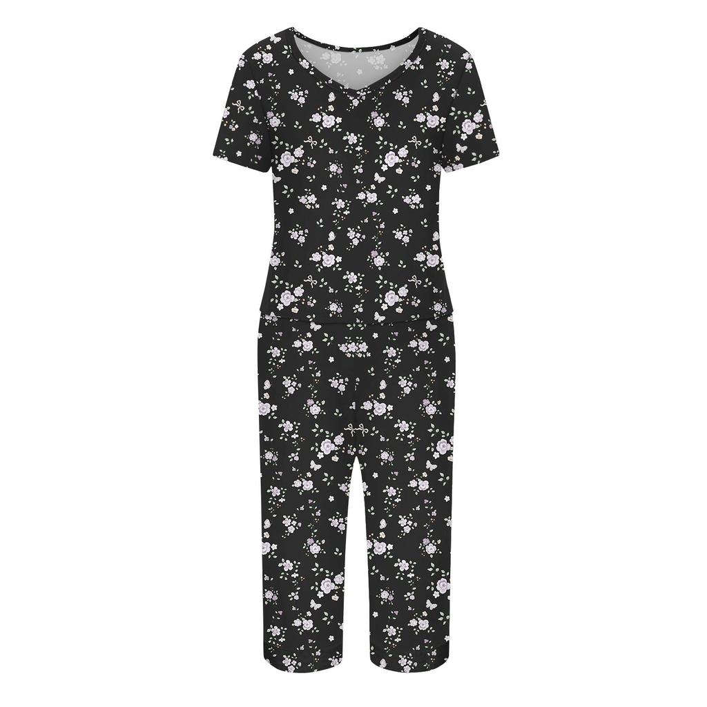 2 Piece Sets For Women Short Sleeve Top And Pants With Pockets Workout Soft Floral Print Sets