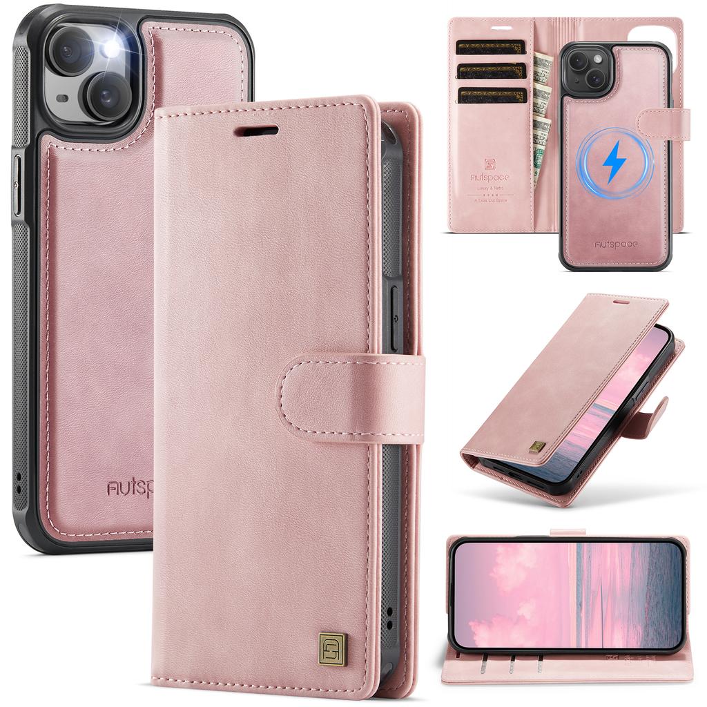 AUTSPACE A05 For iPhone 15 Case Wallet Stand Detachable Leather Magnetic Phone Cover