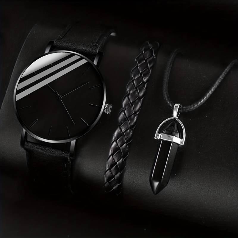 Black Skull Dial Quartz Watch & Bracelet Set (3-Piece)