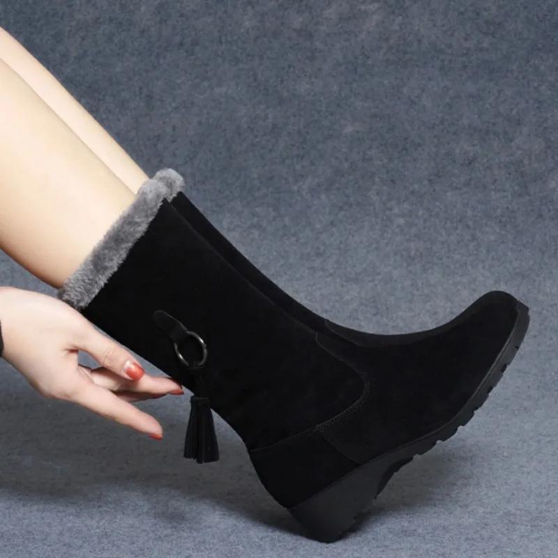 Mode Winter Damen Plus Samtige Mid-Calf-Stiefel Mode Reißverschluss Plateau Keilabsatz Schuhe für Damen Schneestiefel Outdoor Freizeit Reitstiefel