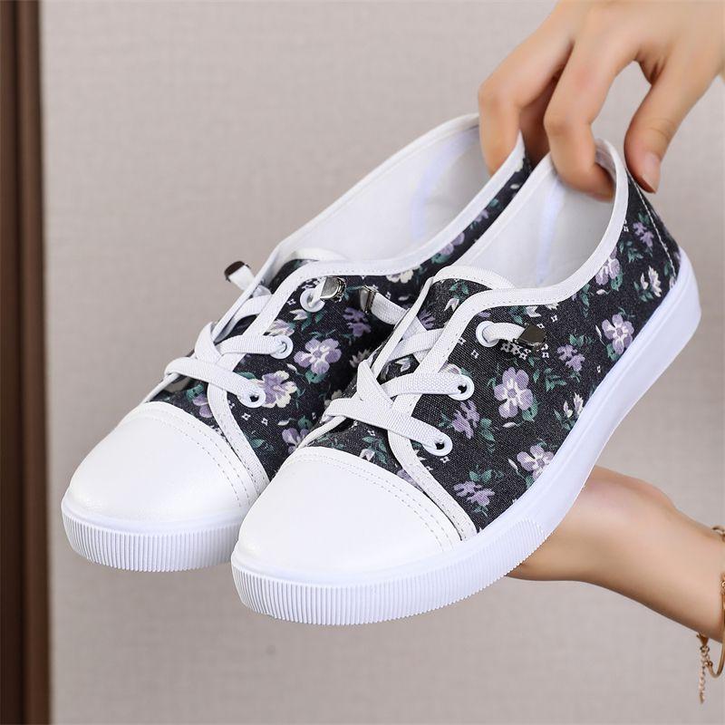 Printing Lace Up Women's Canvas Shoes Flat Spring Autumn Ladies Footwear Deals Cotton Original Korean Y2k Fashion 2025 Trends 39