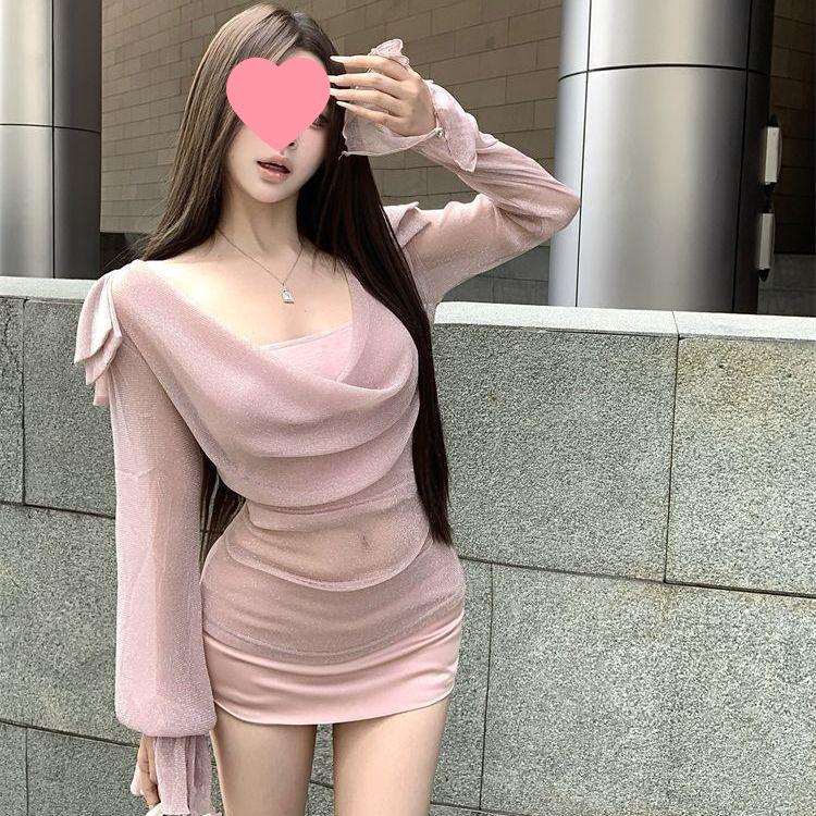 

Autumn Glitter Bowknot Two-Piece Set: Irregular Gauze Swing Collar & Long Sleeve Bandage Inner Layer S
