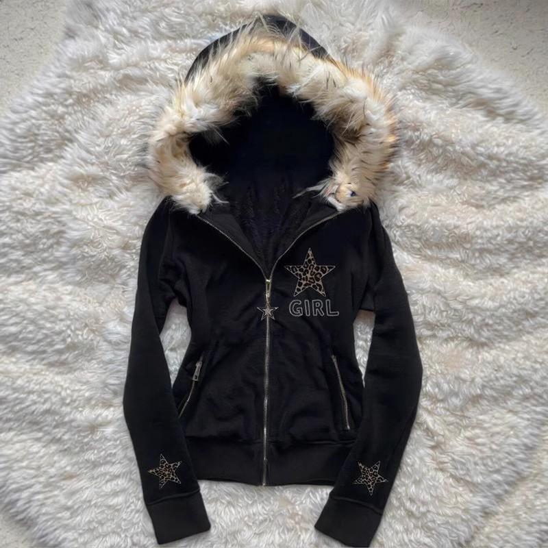 Vintage Black Leopard Star Print Hooded Zip-Up Cropped Jacket Women Winter Retro Streetwear