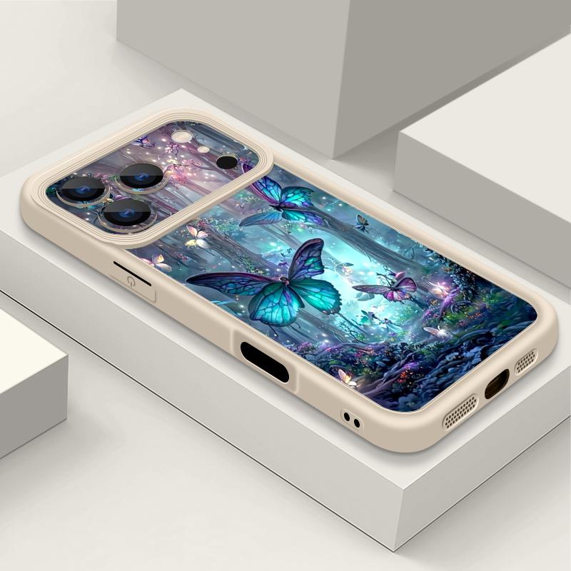 Měkké TPU Silikonové Pouzdro na Telefon Pro iPhone Air 16e 17 16 15 14 Pro Max 13 12 Pro 11 16 Plus Nárazuvzdorný Kryt se Vzorem Motýlů a Lesa