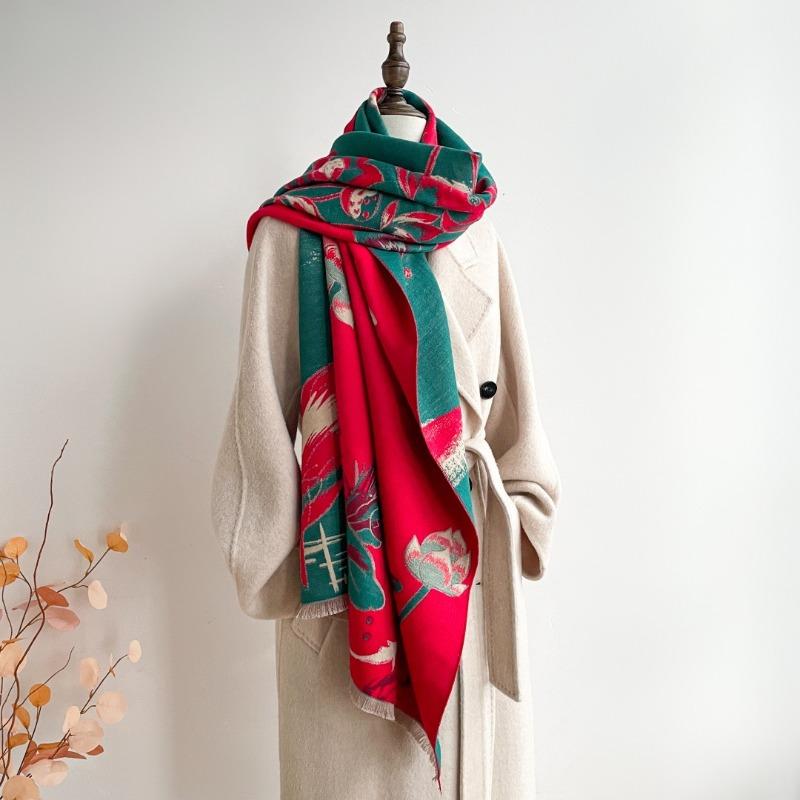 Imitation cashmere ink painting lotus scarf women's new warm simple autumn and winter double-sided thickened scarf