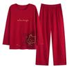 Wine Red Pure Cotton Long Sleeve Pajama Set for Newlywed Couples - Spring & Autumn Festive Homewear