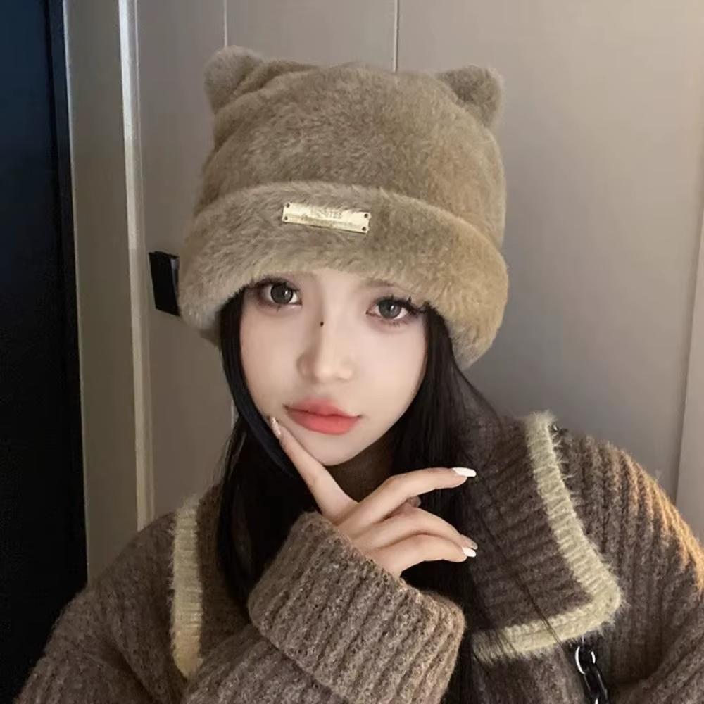 Winter Plush Beanies Cute Bear Ear Wool Hat Warm Lace-up Gorros Knitting Cap Women Women's Woolen Warm Fisherman's hat