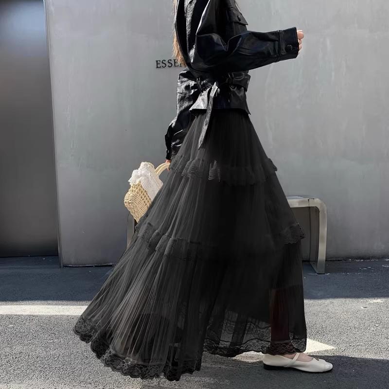 

Retro Sweet White Long Skirt Women Casual Loose High Waist Elegant Skirt Vintage Lace Patchwork Korean Summer Long Skirts One Size чёрный