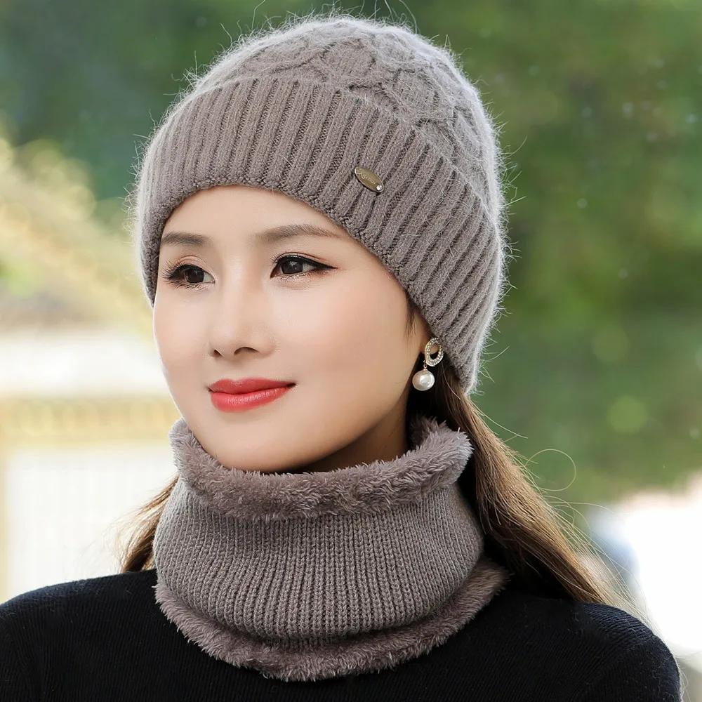 

Новая женская зимняя шапка Сохраняющая тепло Мамина шапка Плюшевая меховая подкладка Теплый комплект Шапка для женщин Повседневная Вязаная шапка из кроличьего меха 55cm-60cm хаки