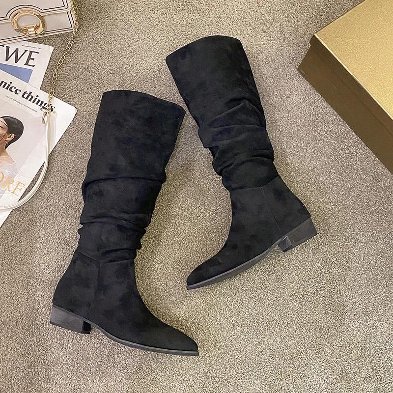 New Pleated Boots Women Black Nude Faux Suede Flock Knee High Boot Ladies Flat Autumn Winter Dress Shoe 40 Solid Slip On Botas