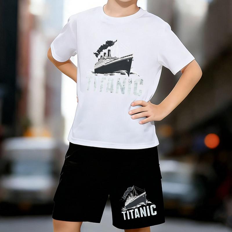 

Boys 2 Piece Titanic Printed outfit, Short Sleeve T-Shirt and Shorts Set for Kids Age 5-14,White, Black Sporty Casual Summer Clothes 13-14 Years