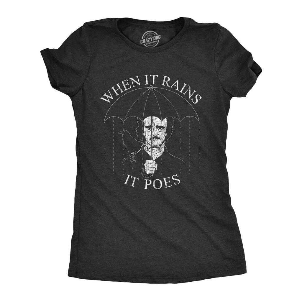 It Rains It Poes Shirt for Women, Edgar Allan Poe T-Shirt, Funny Book Lover Gift, Literary Raven Tee