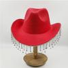 Women Rhinestone Tassel Decor Wide Brim White Fedora Hat For Party Cap Handmade Rhinestone Fringe Cowgirl Hat  Wholesale