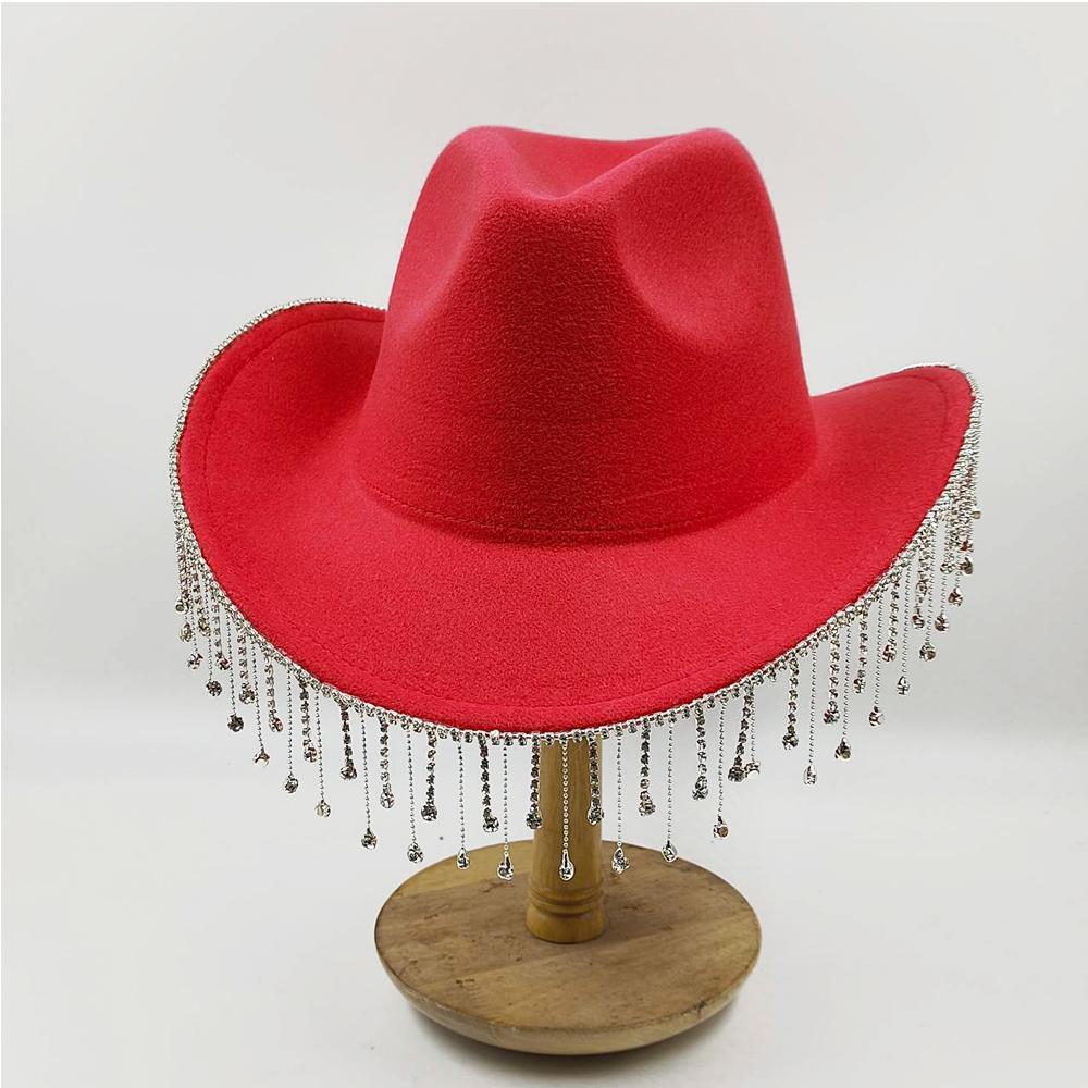 Women Rhinestone Tassel Decor Wide Brim White Fedora Hat For Party Cap Handmade Rhinestone Fringe Cowgirl Hat Wholesale