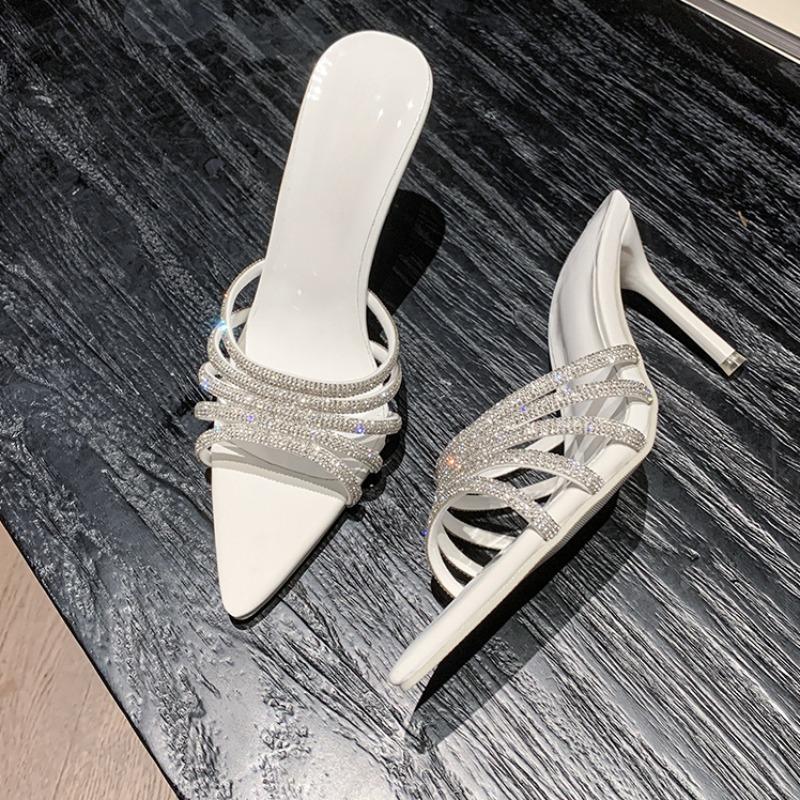 Fashion Summer Stiletto Slippers Women Fashion Pointed Open Toe Crystal Thin Ribbon Hollow-out Anti-slip Wear-resistant High Heels
