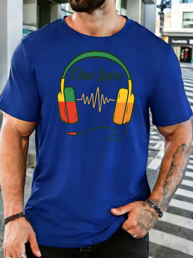 Unisex One Love Headphone Music Wave Retro Graphic Cotton Short Sleeve Tee Crew Neck Soft Male Summer Casual Breathable Street Top
